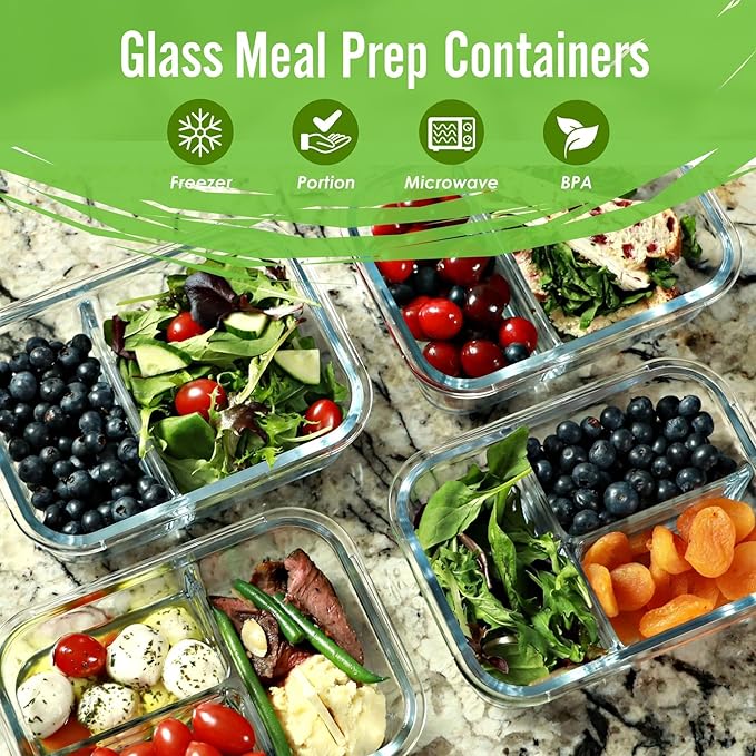 FIT Strong & Healthy Glass Meal Prep Containers, 2 & 3 Compartments - Portion Control, Lunch Container Set, Food Storage, Airtight Lids, Oven & Freezer Safe, Leak-Proof Bento Box, 32 oz, Blue, 4 Pack