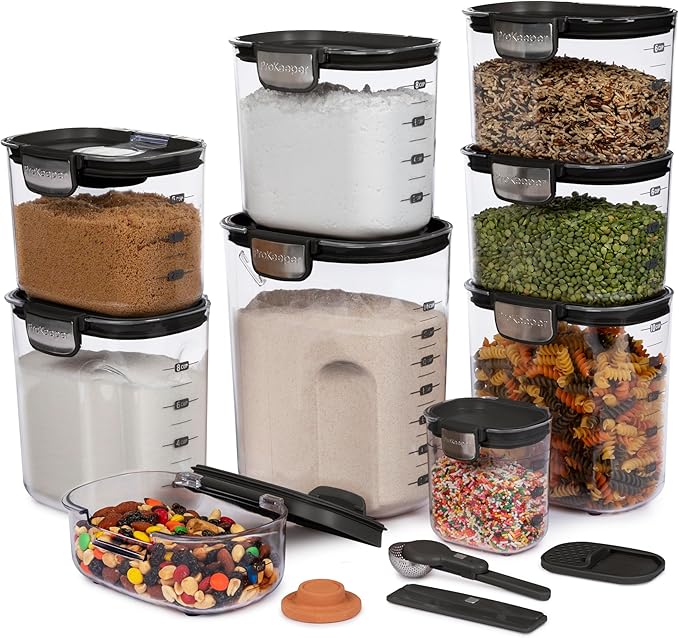 ProKeeper+ Airtight Food Storage Container Set – Clear Plastic Flour and Sugar Canister Set with Magnetic Accessories for Kitchen Organization (Black, 13-Piece)