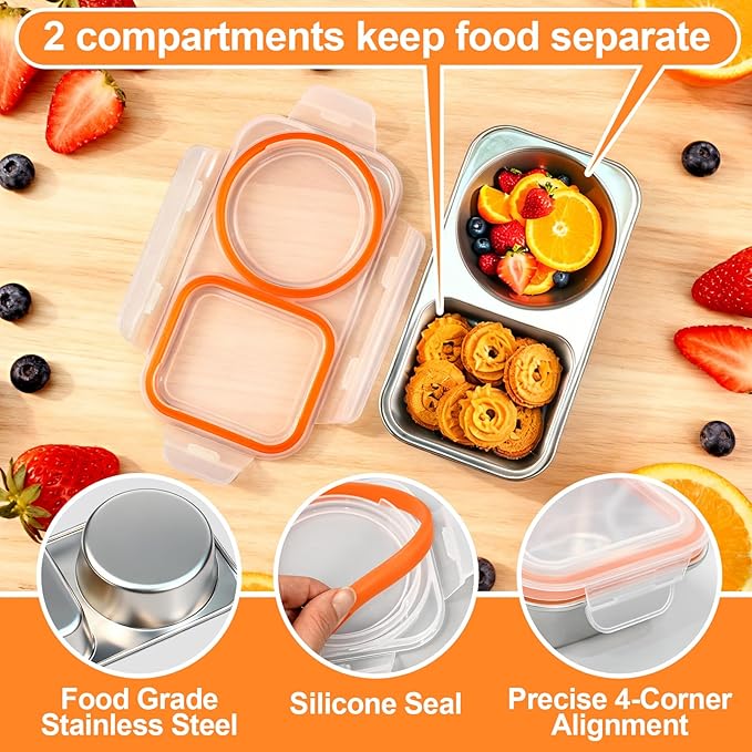 3 Pack Stainless Steel Snack Containers, 2 Compartment Stainless Steel Lunch Box with Lids, Leakproof Reusable Metal Bento Box for Meal Prep Food Storage & Travel Picnics Work