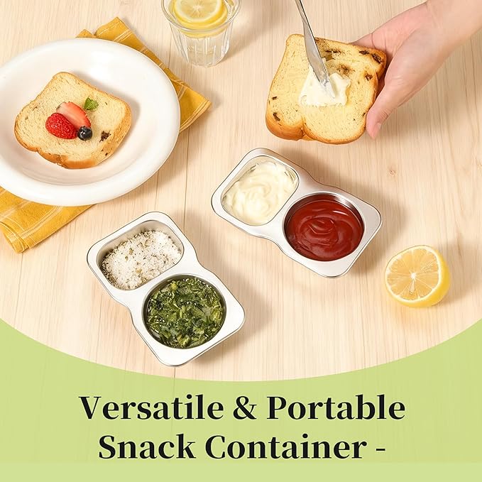 4 Pack Stainless Steel 2-Compartment Small Snack Containers with Lids 5.3oz Lunchable Meal Prep Containers for Adult Reusable Divided Stackable Bento Lunch Box Accessories for Home Travel