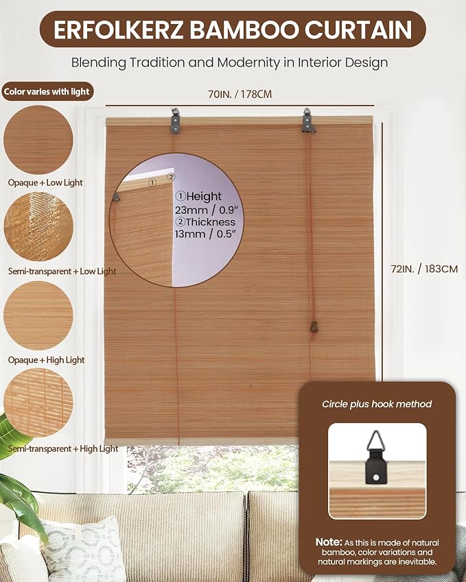 70" Wx72 H Bamboo Blinds Roller Shades - Image 2