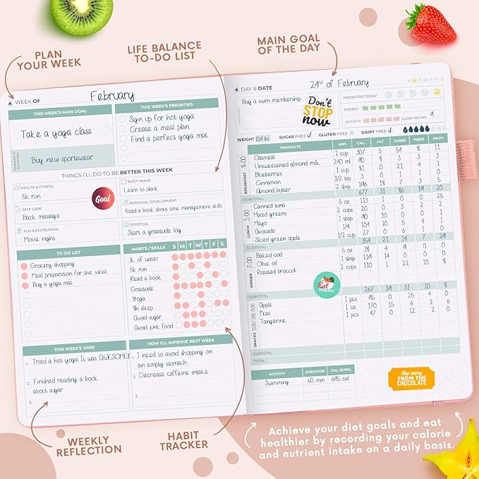 Clever Fox Wellness Planner - Weekly & Daily Health and Wellness Log, Food Journal & Meal Planner Diary for Calorie Counting, Notebook for Medical Condition Tracking, A5-Sized - Rose Gold
