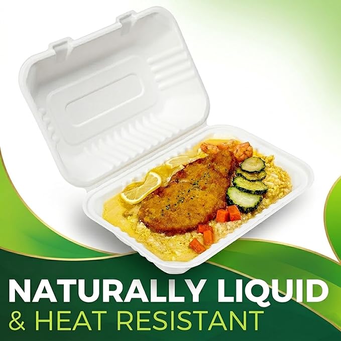 75 Pack 9”x6” Take Out Containers with Lids, EXTRA Sturdy To Go Food Containers, 100% Compostable Clamshell Take Out Containers, To Go Boxes for Food