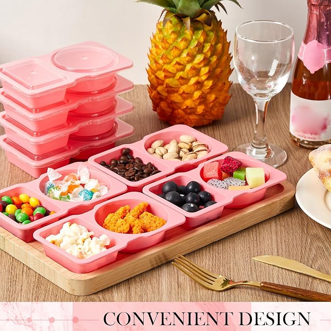 Blushtier 10 Pcs Pack Snack Containers with Lids, 5 oz Double Compartment Plastic Food Containers, Portable Divided Snack Cups for School, Office, Meal Prep, Sauces, Dips, On-the-go Camping (Pink)