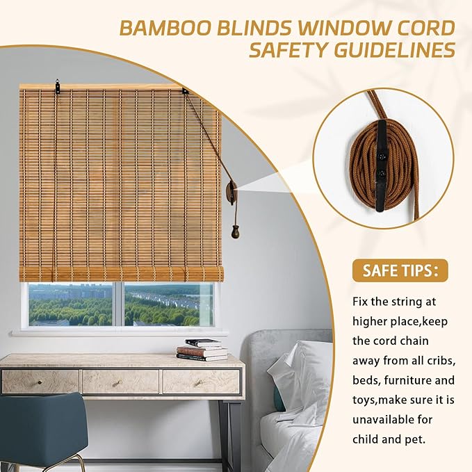 Natural Bamboo Window Blinds Roll Up Light Filtering UV Protection Shades - Image 5