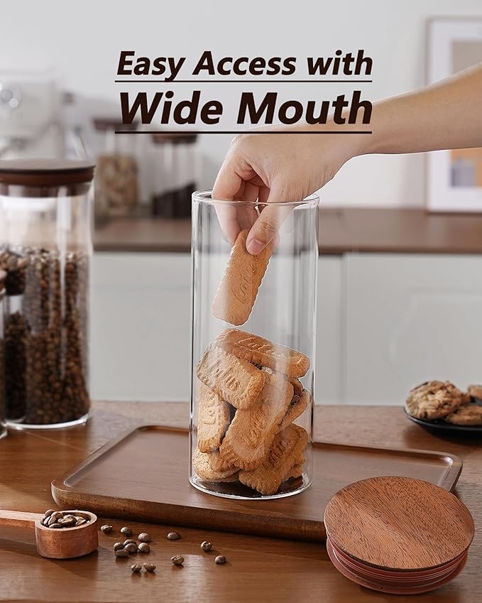 2PCS of 50floz Round Coffee Canister with Wooden Lids, Airtight Glass Coffee Jars for Ground Coffee, Coffee Beans Storage Container