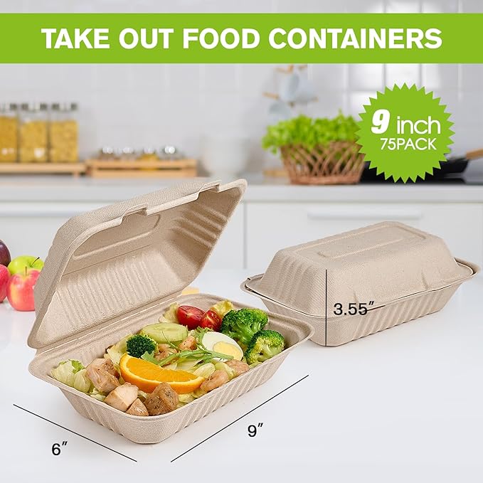 ECOLipak 75 Pack Clamshell Take Out Food Containers, 100% Compostable To Go Containers Disposable, 9X6 inch Heavy-Duty To Go Boxes, Eco-Friendly Biodegradable To Go Containers For Food