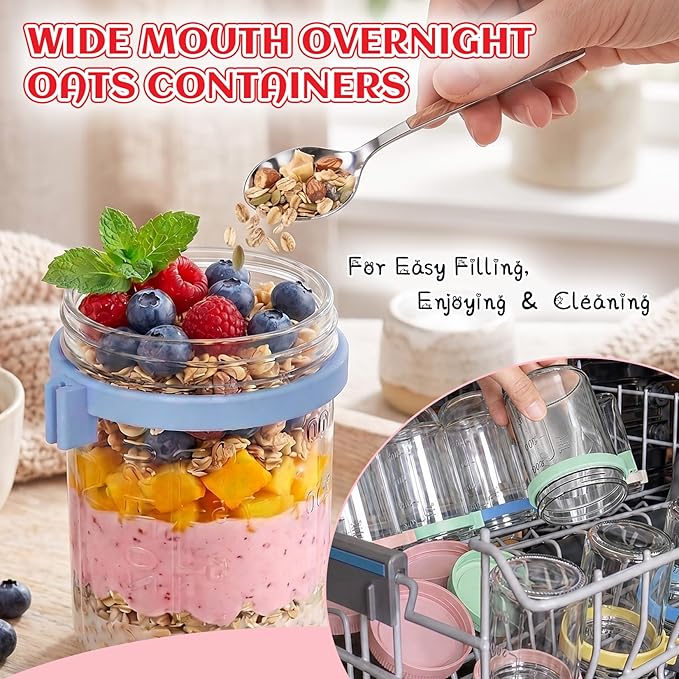 4 Pack Overnight Oats Containers with Lids and Spoons, 16 oz Glass Mason Jars with Removable Topping Cups, Airtight Yogurt Containers for Parfait, Chia Pudding, Fruit, Cereal, Salad Meal Prep