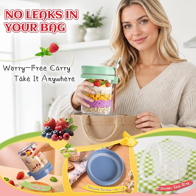 4 Pack Overnight Oats Containers with Lids and Spoons, 16 oz Glass Mason Jars with Removable Topping Cups, Airtight Yogurt Containers for Parfait, Chia Pudding, Fruit, Cereal, Salad Meal Prep