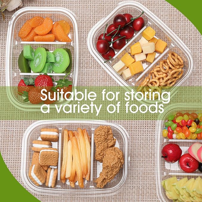 Chunful 36 Pcs 3 Compartment Transparent Snack Containers with Lids Disposable Bento Box Plastic Food Meal Prep Containers for Condiment Salad Dipping School Work Lunch