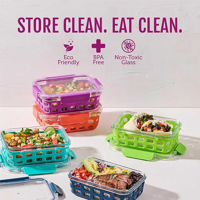 Ello Duraglass 3.4 Cup Meal Prep Sets 10Pc, 5 Pack Set- Glass Food Storage Container with Silicone Sleeve and Airtight BPA-Free Plastic Lids, Dishwasher, Microwave, and Freezer Safe, Fruit Salad