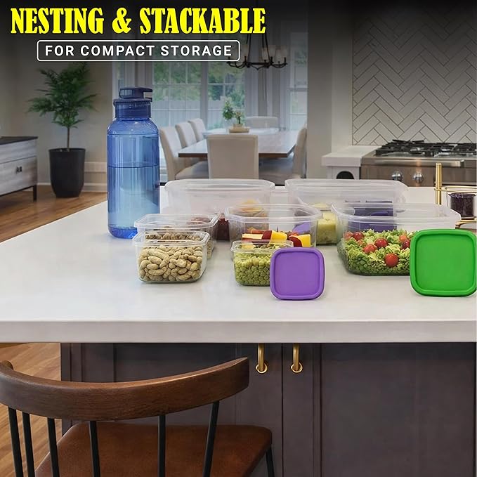 ARSUK 14PCS Nesting Plastic Food Storage Container Set with Airtight Leakproof Lids (7 Lids & 7 Containers) - Space Saving, BPA-Free Stackable Kitchen Storage - Freezer Safe & Microwavable