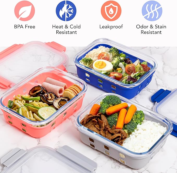 ECOBERI 4.5 Cup Glass Meal Prep Containers with Lids & Silicone Sleeves, 5-Pack Airtight, Leak-Resistant Food Storage Containers for Fridge, Freezer, Oven & Microwave (Blue-Peach)
