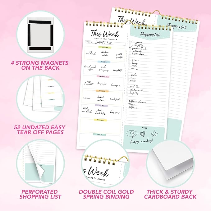 Decorably 52 Sheets Pastel Rainbow Weekly Meal Planner for Fridge with 4 Strong Magnets - 6x9in Spring-Bound Refrigerator Mountable, Easy Tear-Off Design, Track Food, Drinks, & Home Supplies