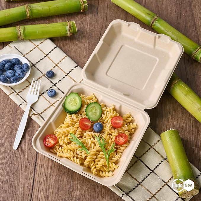 Turbo Bee 100 Pack 8x8inch Natural Take Out Containers with Lids, Large Disposable Clamshell Food Containers for Full Meals, Food Truck, BBQ, Catering & Meal Prep Natural