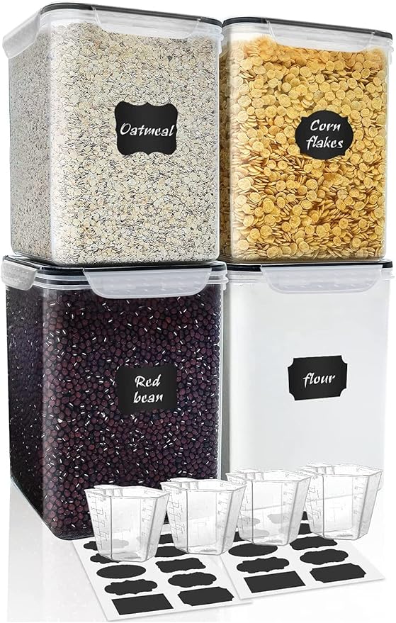 Large Food Storage Containers 5.2L (175oz), MCIRCO 4 Pieces Plastic Airtight Food Storage Containers for Flour, Sugar, Baking Supplies, with 4 Measuring Cups and 20 Labels