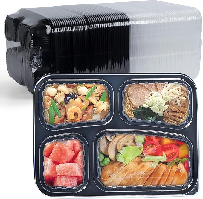 To Go Containers 34 oz 40 Pack - Shrink Wrap 4 Compartment BPA Free PP Plastic Reusable Leakproof | Microwave & Freezer & dishwasher Safe Meal Prep | Black Commercial Catering Food Container