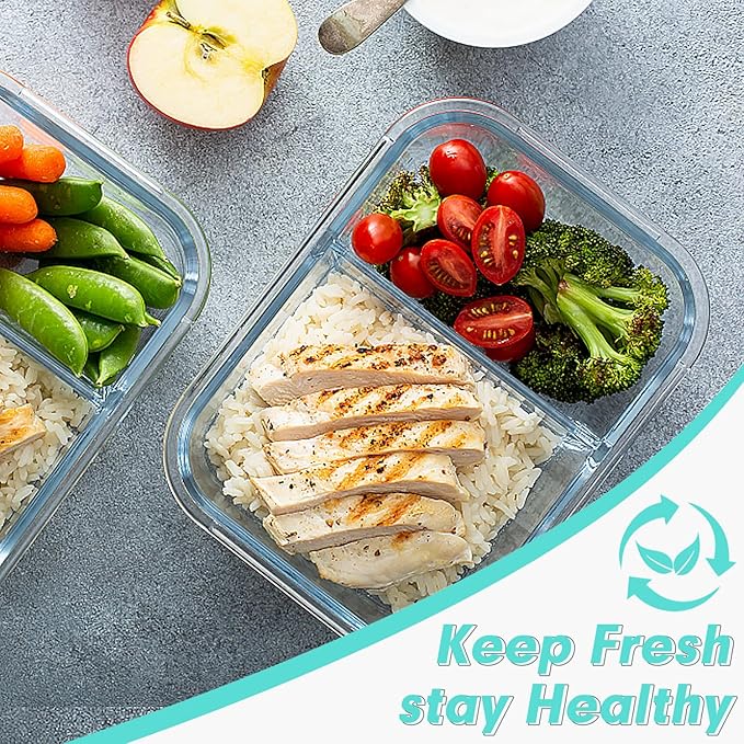 VERONES 10 Pack Glass Meal Prep Containers - 2 Compartment Set, 30 OZ Airtight Glass Lunch Containers with Lids, for Microwave, Oven, Freezer & Dishwasher Friendly, Green