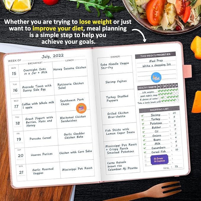 JUBTIC Weekly Meal Planner Notebook, Food Journal for Women Weight Loss, Fitness Journal, Daily Meal Prep Journal with Shopping and Grocery Lists for Food Planning, Healthy Diet or Weight Loss Tracking, Last 1 Year,Undated, A5, Rose Gold