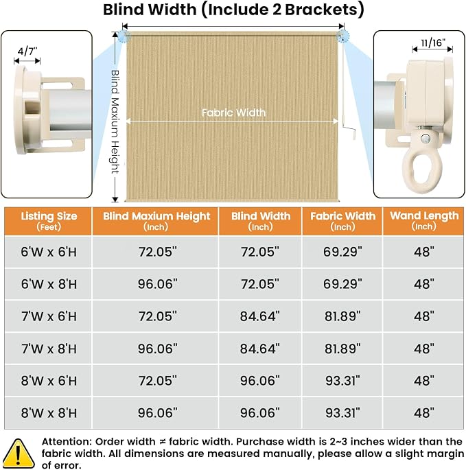 6'W x 8'H Sesame Patio Shades Roll up Outdoor Roller Shade Crank Wand Blind - Image 7