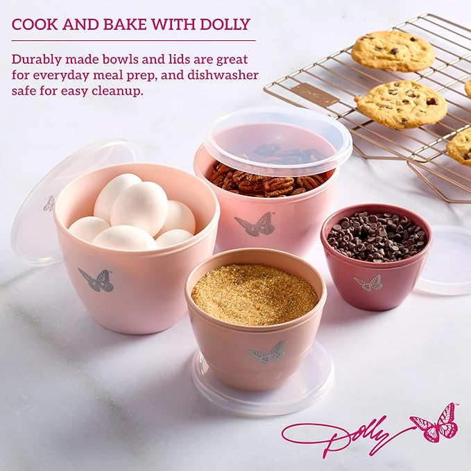 Dolly Parton Prep Bowl Set with Lids – 4-Piece Blush Butterfly Design, Airtight Storage, Mixing and Serving Bowls, Dishwasher Safe, 1–4 Cup Sizes