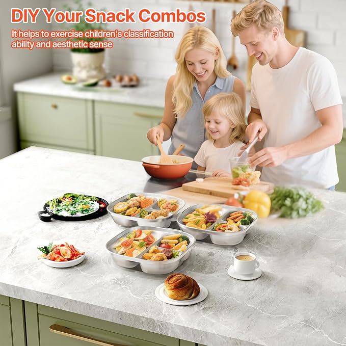Stainless Steel Kids Plates,Set of 4 Toddler Plates with Lids - 3 Compartments Stainless Steel Snack Containers for Kids Non Toxic & 100% BPA Free