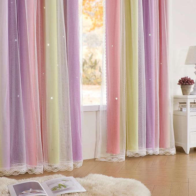 XiDi Pink Yellow Curtains for Bedroom Decor Blackout Curtains for Girls Kids - Image 3