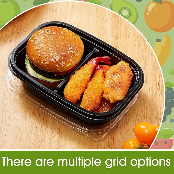 Chunful 36 Pcs 2 Compartment Black Snack Containers with Lids Disposable Bento Box Plastic Food Meal Prep Containers for Condiment Salad Dipping School Work Lunch
