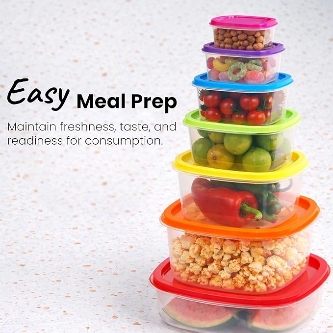 ARSUK 14PCS Nesting Plastic Food Storage Container Set with Airtight Leakproof Lids (7 Lids & 7 Containers) - Space Saving, BPA-Free Stackable Kitchen Storage - Freezer Safe & Microwavable