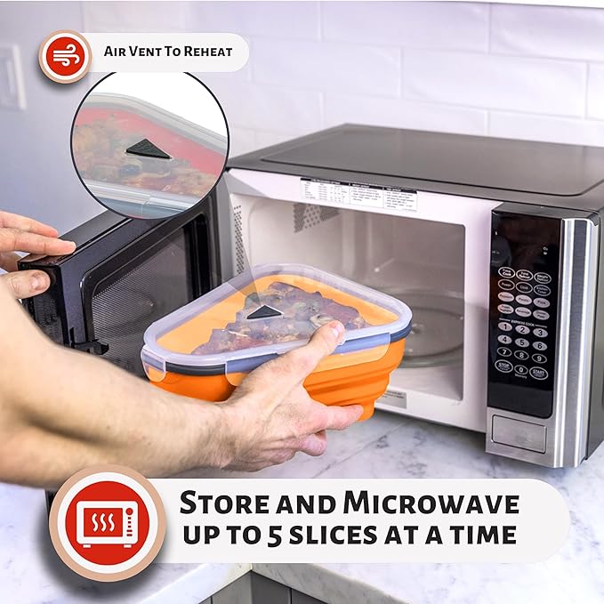 PIZZA PACK The Perfect Reusable Pizza Storage Container with 5 Microwavable Serving Trays - BPA-Free Adjustable Pizza Slice Container to Organize & Save Space, Orange 2 pk