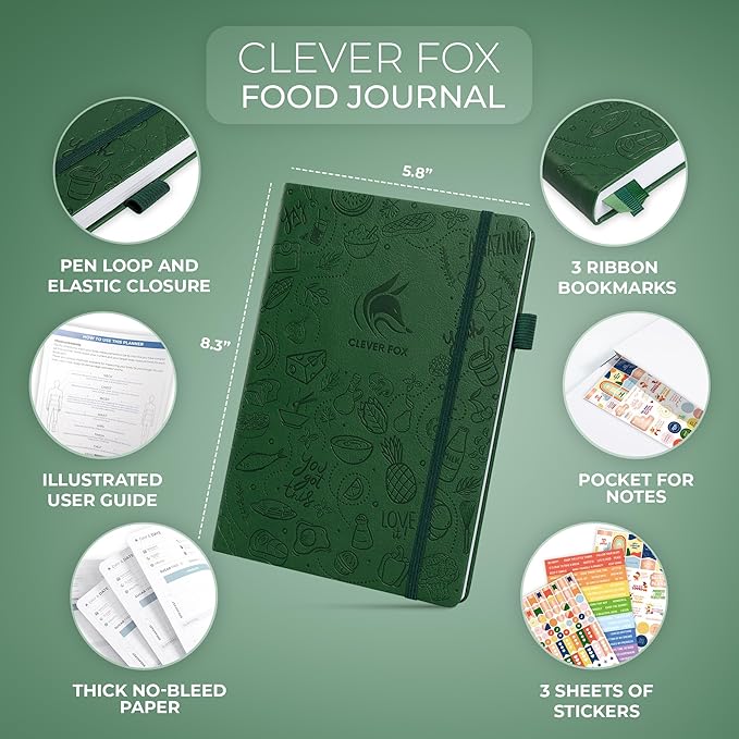 Clever Fox Food Journal - Daily Food Diary, Meal Planner to Track Calories & Nutrients, Weight Tracker Notebook, A5 (Forest Green)