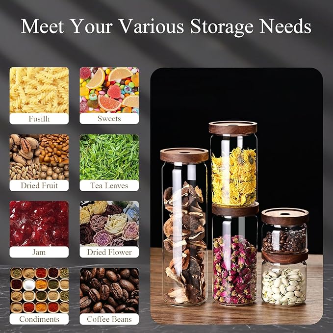 Glass Jars with Airtight Wood Lids - 11 oz Mini Kitchen Pantry Storage Containers, Stackable Decorative Canisters for Chia Seed, Sugar, Tea, Spice, Salt, Matcha, Nuts, Sauce, Cocoa powder, Set of 2