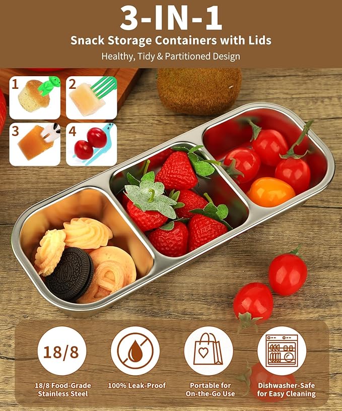 JUJOJB Snack Containers, 4 Pack Stainless Steel Bento Box With Lids,Leak Proof Metal Lunch Box with 3 Compartments,Reusable Lunch Meal Prep Containers for office,Work,Travel For Adults Little One