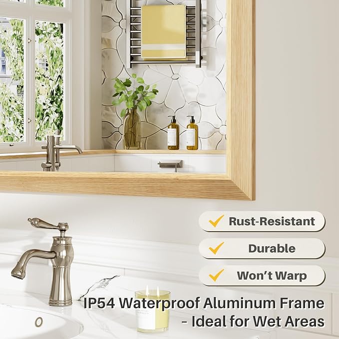 48x36 Inch Bathroom Mirror for Wall, Anti-Rust Oak Wood Grain Metal Framed - Image 4