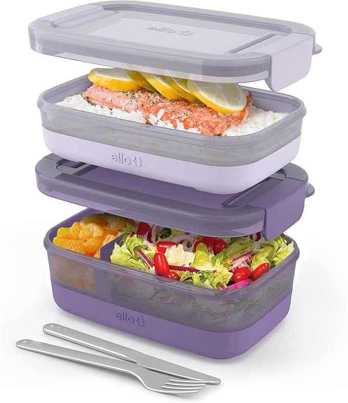 Ello 2-Pack Bento Box Lunch Stack Plastic Food Storage Container | Leak-Proof Locking Plastic Lids | Silicone Base | BPA-Free | Freezer Microwave and Dishwasher Safe | Wisteria