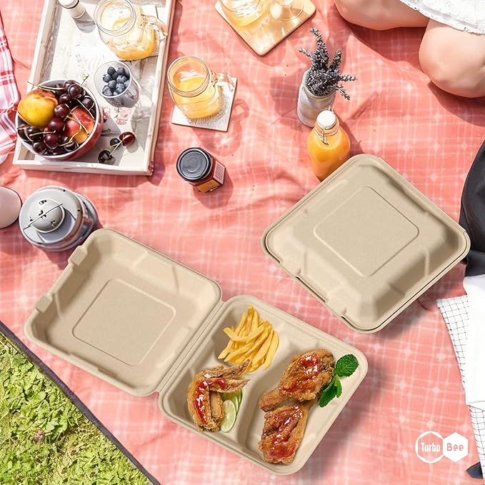 Turbo Bee 100 Pack 8x8inch Natural 3 Compartment Take Out Containers with Lids, Disposable Clamshell Meal Prep Containers, Divided Food Boxes for Food Truck, BBQ, Catering & Lunch