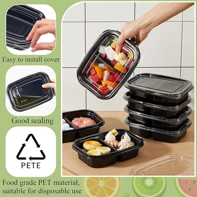 Chunful 36 Pcs 2 Compartment Black Snack Containers with Lids Disposable Bento Box Plastic Food Meal Prep Containers for Condiment Salad Dipping School Work Lunch