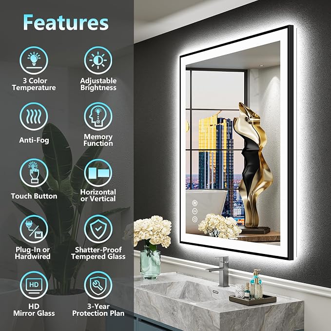 28x32 Black Framed LED Bathroom Mirror - Image 2