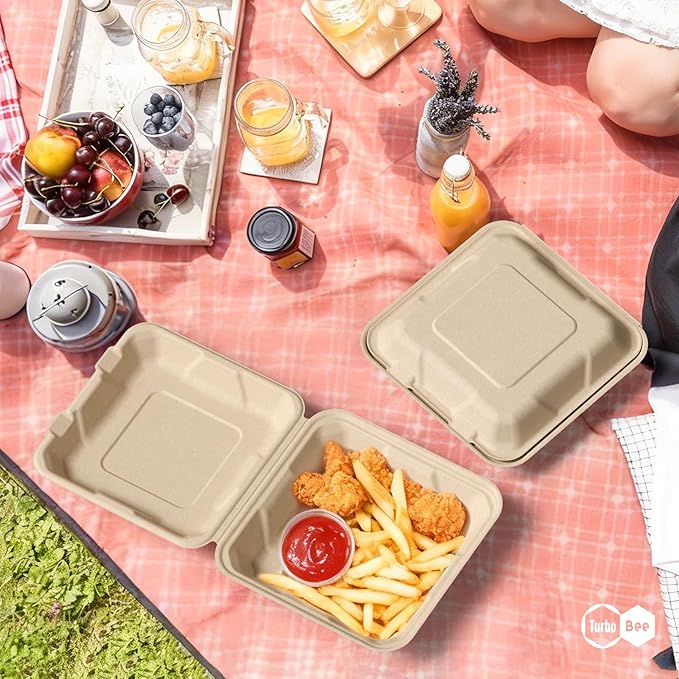 Turbo Bee 100 Pack 8x8inch Natural Take Out Containers with Lids, Large Disposable Clamshell Food Containers for Full Meals, Food Truck, BBQ, Catering & Meal Prep Natural