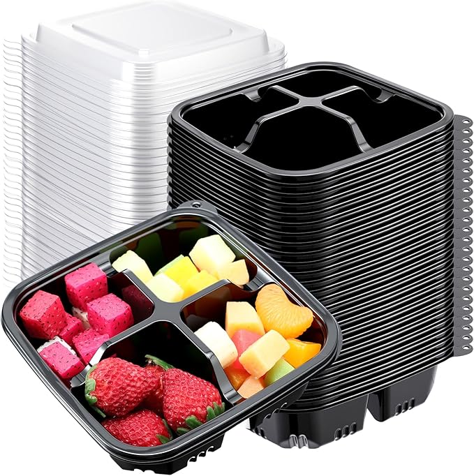 60 Pack 4-compartment Bento Snack Boxes with Lids Divided Lunch Containers for Travel School Camping Outdoor Home (Black)
