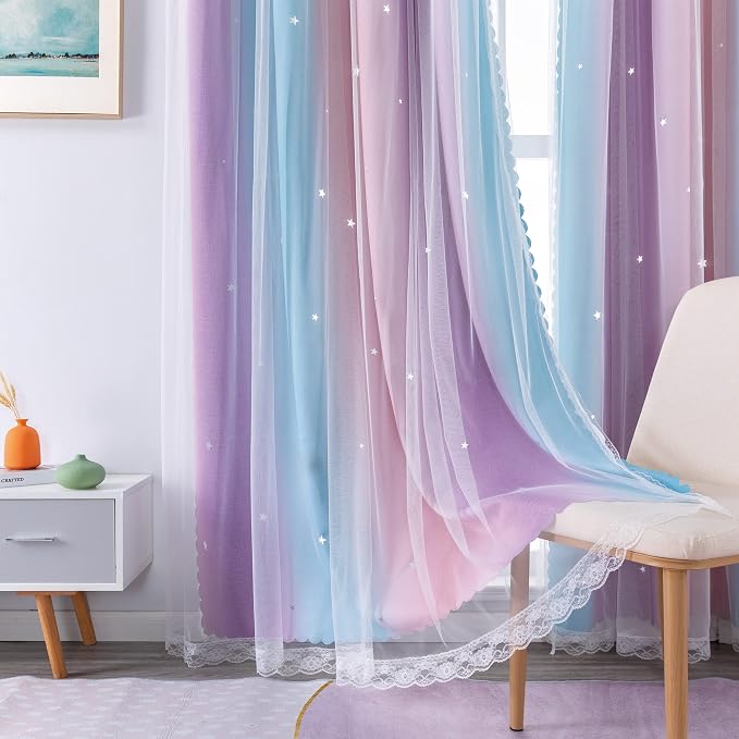 XiDi Curtains for Bedroom Decor, Rainbow Pink Purple/42/84 - Image 3