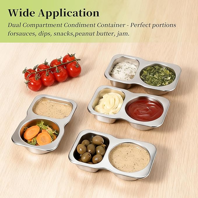 4 Pack Stainless Steel 2-Compartment Small Snack Containers with Lids 5.3oz Lunchable Meal Prep Containers for Adult Reusable Divided Stackable Bento Lunch Box Accessories for Home Travel