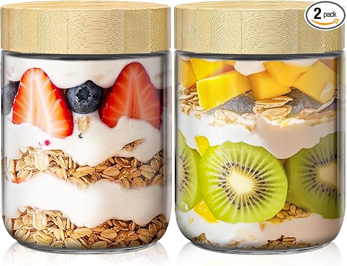 2 Pack 16oz Overnight Oats Containers with Bamboo Lids, Glass Jars with Airtight Lids for Meal Prep, Wide Mouth Mason Salad Jars, Glass Food Storage Container for Yogurt Chia Snacks Spice Sugar