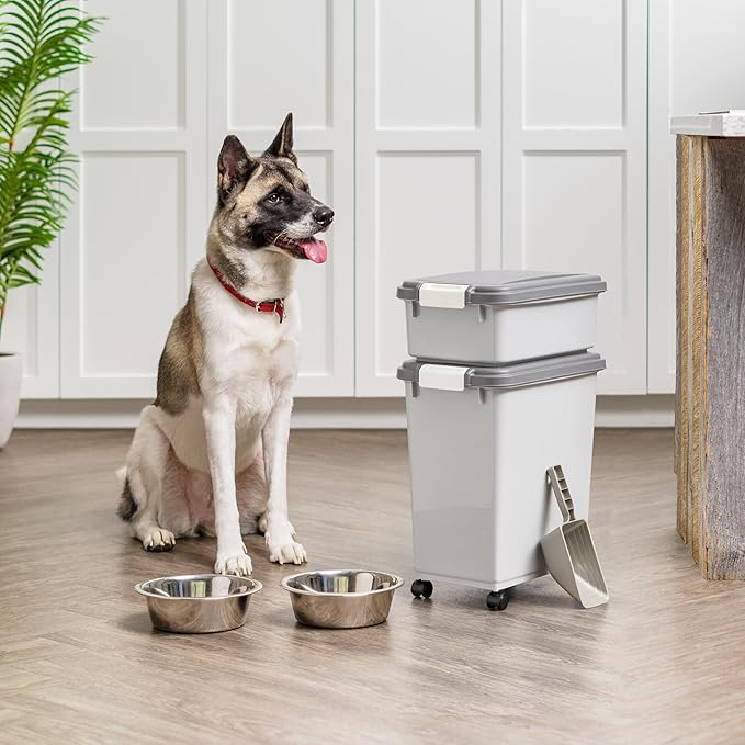 IRIS USA Dog Food Storage Container, 30 lbs & 11 lbs Combo, Cat Food Storage Container, Dog Treat Container, Airtight, Stackable, 2-Cup Scoop, Wheels, Easy Mobility, Gray