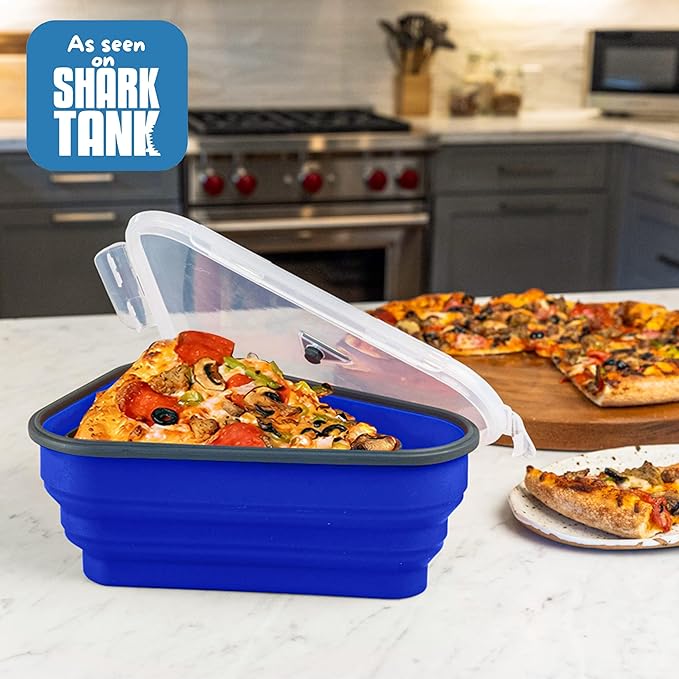 PIZZA PACK The Perfect Reusable Pizza Storage Container with 5 Microwavable Serving Trays - BPA-Free Adjustable Pizza Slice Container to Organize & Save Space, 4 Pack, Blue