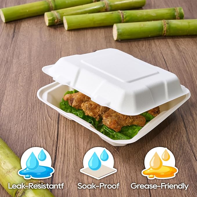 Turbo Bee 100 Pack 8x8inch White Compostable Take Out Containers with Lids, Disposable Clamshell Food Containers, Large To Go Boxes for Restaurant, Catering, Meal Prep & Food Service-White