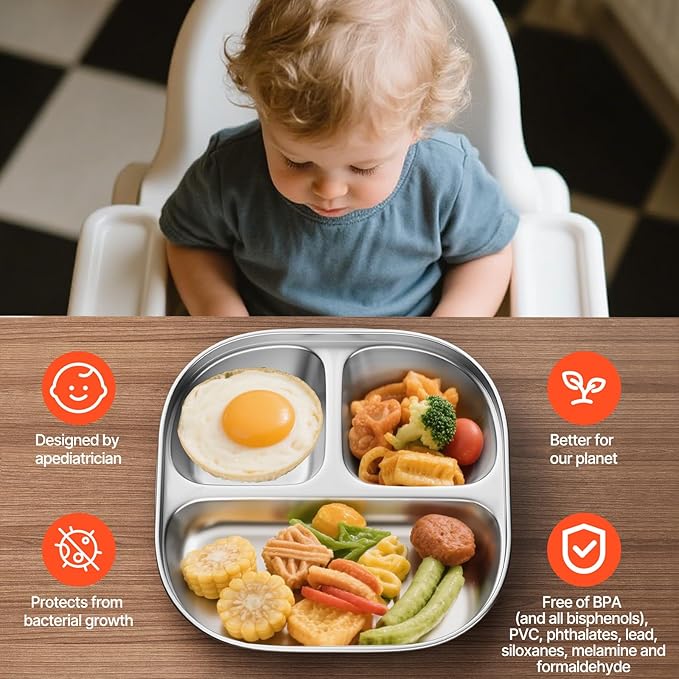 Stainless Steel Kids Plates,Set of 4 Toddler Plates with Lids - 3 Compartments Stainless Steel Snack Containers for Kids Non Toxic & 100% BPA Free