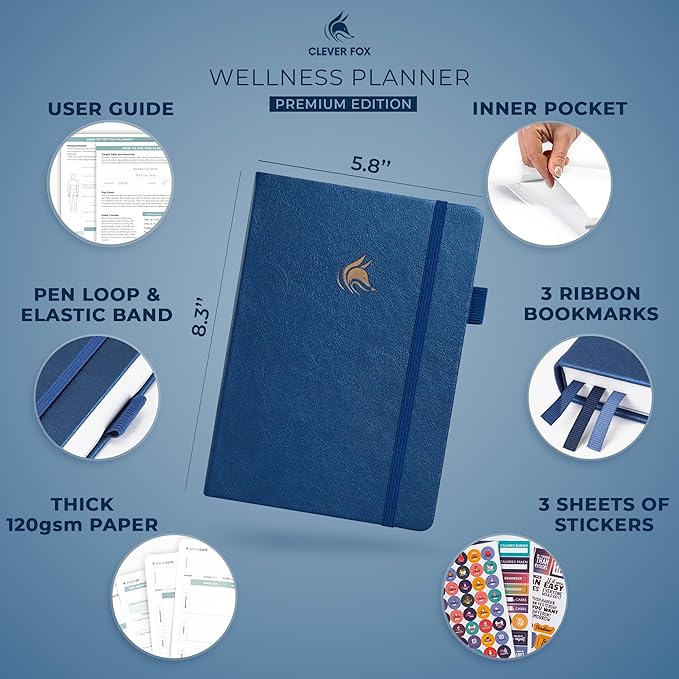 Clever Fox Wellness Planner - Weekly & Daily Health and Wellness Log, Food Journal & Meal Planner Diary for Calorie Counting, Notebook for Medical Condition Tracking, A5-Sized - Mystic Blue