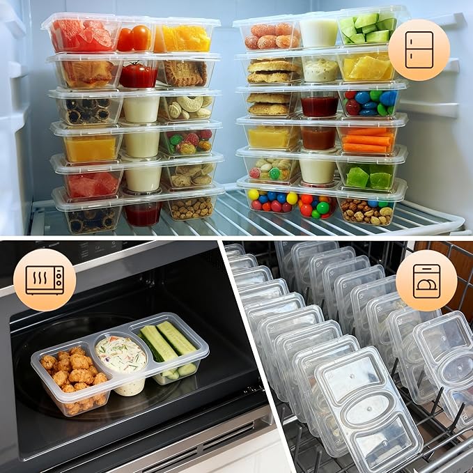 HI-REEKE 8 OZ New 3 Compartment Snack Containers, 20 Sets Bigger Reusable Clear Snack Packs Container with Lids