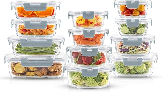 JoyJolt 24pc Borosilicate Glass Storage Containers with Lids | 12 Airtight/Freezer Safe Food Storage Containers for Pantry and Kitchen | Meal Prep Container for Lunch | Glass Tupperware Set